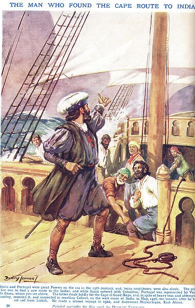 Vasco de Gama: The Man who found the Cape Route to India, illustration from Newnes Pictorial Book of Knowledge (colour litho)