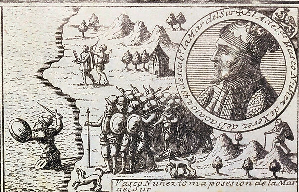 Vasco Nunez claims possession of the South Sea, 1726 (engraving)
