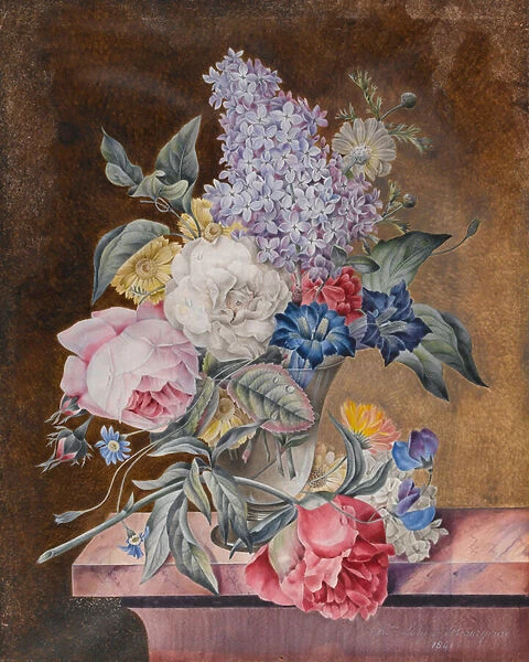 Vase of Flowers including a Rose and Lilac on a Marble Ledge