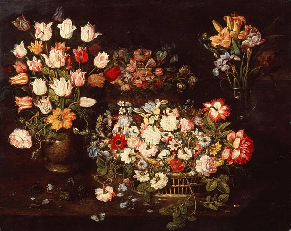Four Vases with a selection of Flowers (oil on panel)