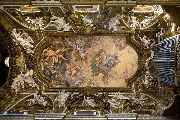 Vault of the Church of Santa Maria della Vittoria in Rome, fresco depicting the victory of the Virgin Mary over heresy, the fall of the rebel angels, carried out in 1675 by Giovanni Domenico Cerrini (1609-1681), Construction of the 17th century
