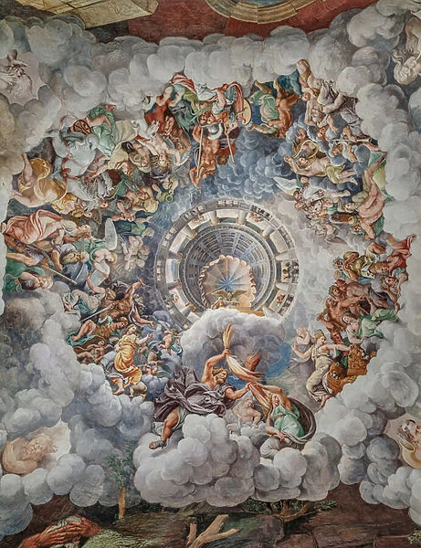 The vault of the Room of Giants. The gods of Olympus, commanded by Jupiter, are preparing to counter the attack of the Giants, Palazzo Te, Mantua, Italy (photo)