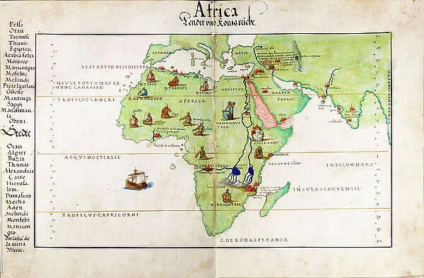 Vellum chart of Africa, India and the Mediterranean, 1554 (vellum)
