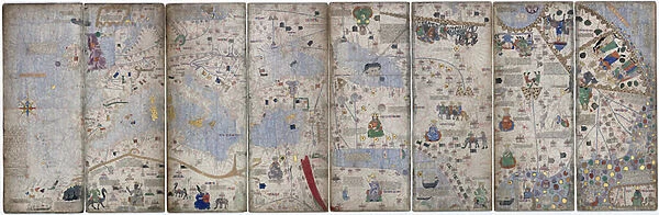 Four vellum leaves of the Catalan Atlas, 1375 (pen and coloured inks on parchment)