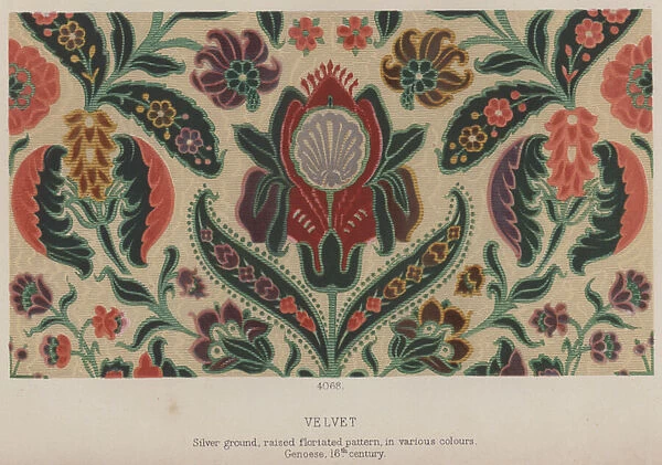 Velvet, Silver ground, raised floriated pattern, in various colours, Genoese, 16th century (colour litho)