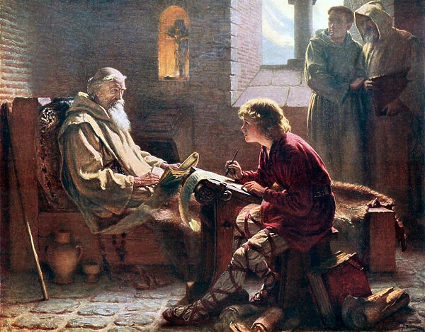 The Venerable Bede translating the last chapter of St John. The Illustration from An Outline of Christianity edited by As Peake et al (Waverley, c 1910. )