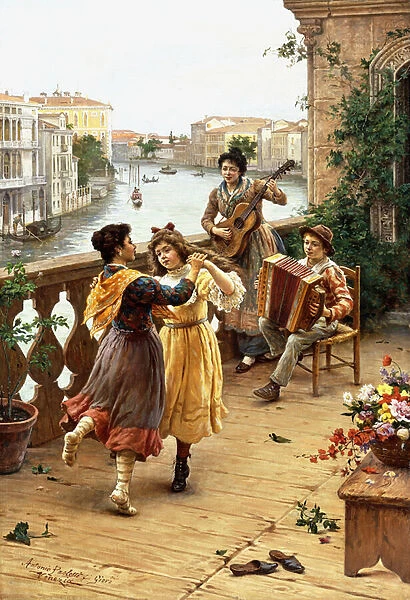 On a Venetian Balcony, (oil on canvas)