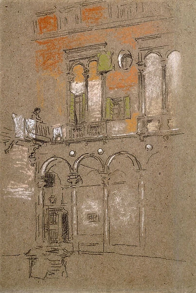 A Venetian Courtyard, (charcoal and pastel on gray paper)