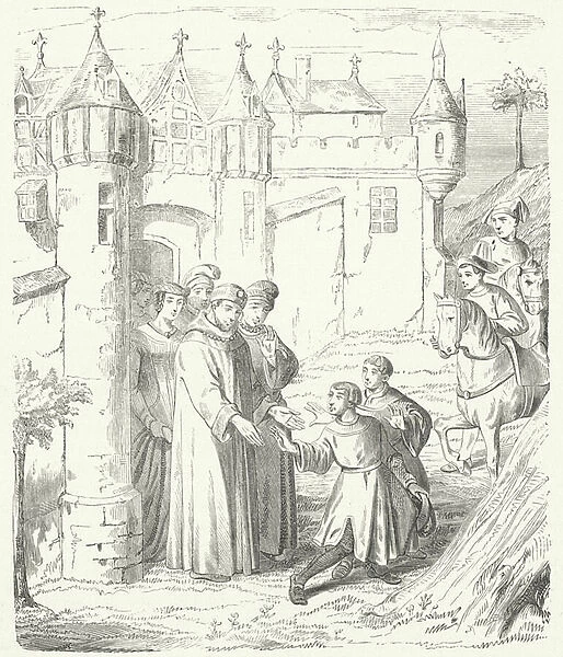 Venetian merchants Niccolo and Maffeo Polo leaving Constantinople for the east, 1259 (engraving)