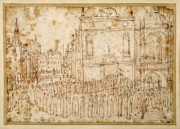 A Venetian procession moving from a scuola to a flanking church