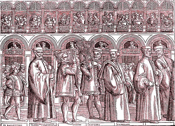 Venice procession of the Doge, Italy in 1550. 1895 (engraving)