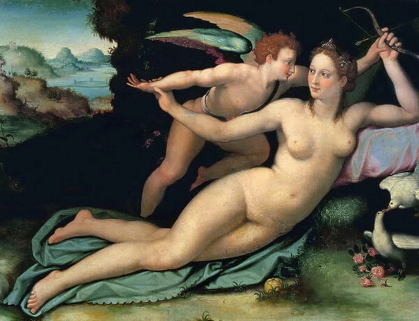 Venus and Amor by Allori, Alessandro (1535-1607). Oil on wood, Dimension : 29x38