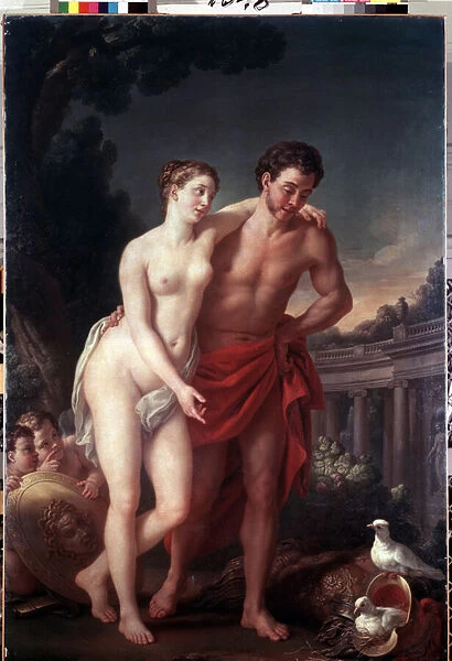 Venus et Mars (Venus and Mars). Peinture de Joseph Marie Vien (1716-1809). Huile sur toile, 225 x 151 cm, 1767-1768. art francais du 18e siecle. Musee de l Ermitage, Saint Petersbourg