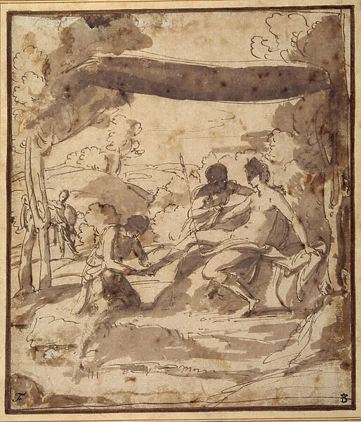 Venus, reclining under a rustic canopy, with Adonis fastening her sandal