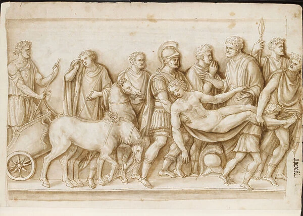 Verso: the Return of Meleager, from a Roman sarcophagus, Rome, Palazzo Barberini, c. 1512-17 (pen & brown ink with brown wash)