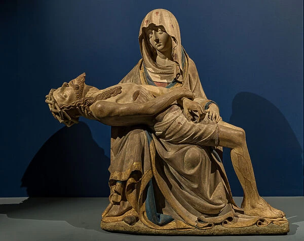 Vesperbild (Lamentation), limestone sculpture, circa 1430, by a Bohemian sculptor (?). Some drops of blood are depicted on the Virgins veil