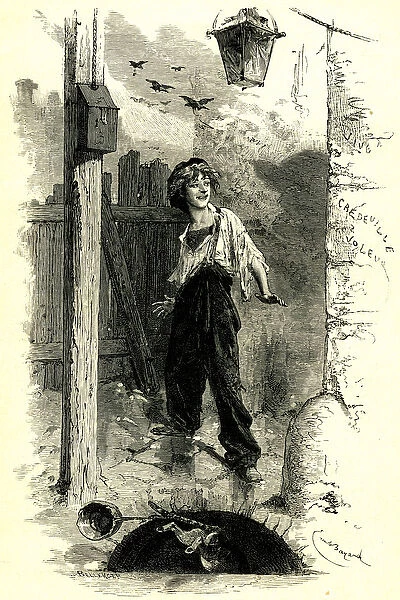 Victor Hugo: Les Miserables. Gavroche, kid from Paris. Illustration by Emile Bayard