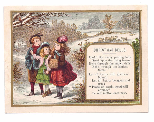 A Victorian Christmas card of three children in a snowy landscape, c. 1880 (colour litho)