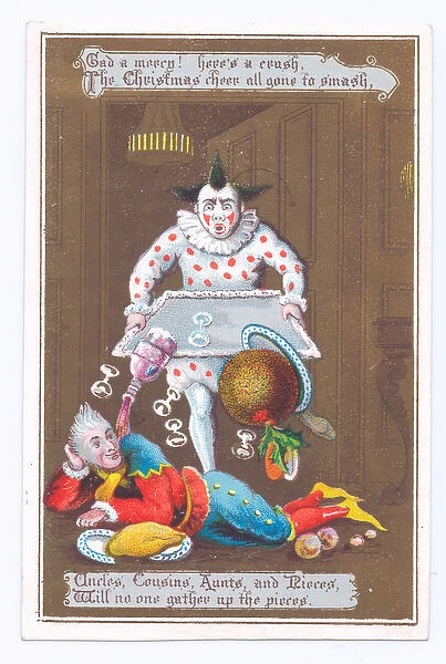 Victorian Christmas card of a clown dropping a tray on food