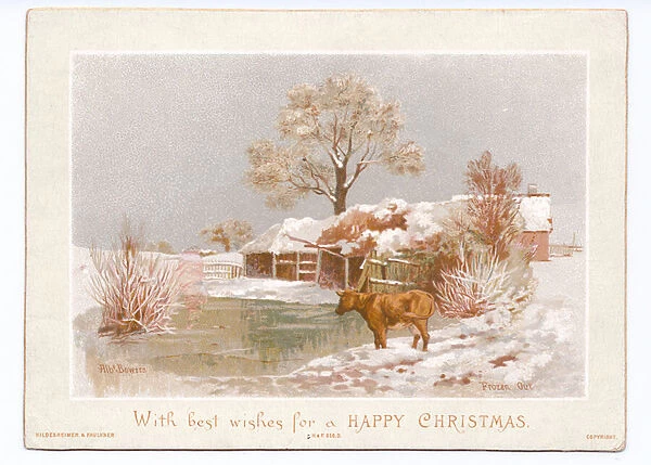 Victorian Christmas card of a cow gazing at a pond in the snow, c. 1880 (colour litho)
