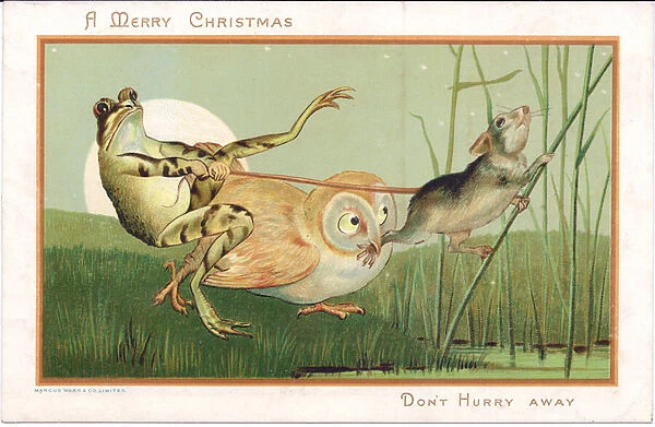 A Victorian Christmas card of a frog pulling at the tail of a mouse while an owl looks