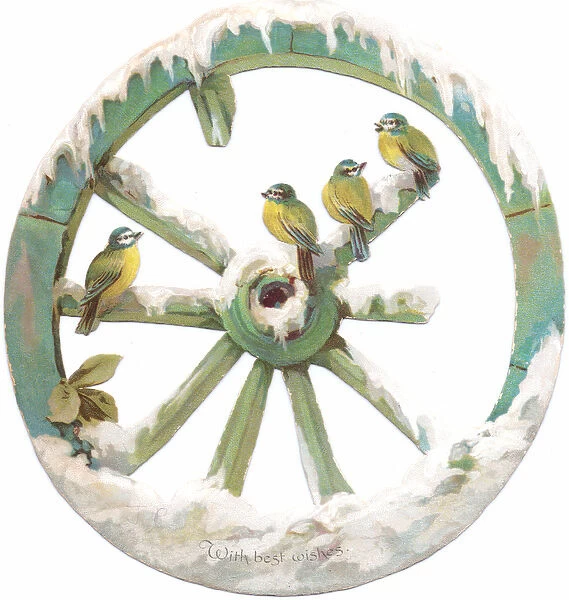 A Victorian Die-cut Shape card of birds perched on a snow covered wheel, c
