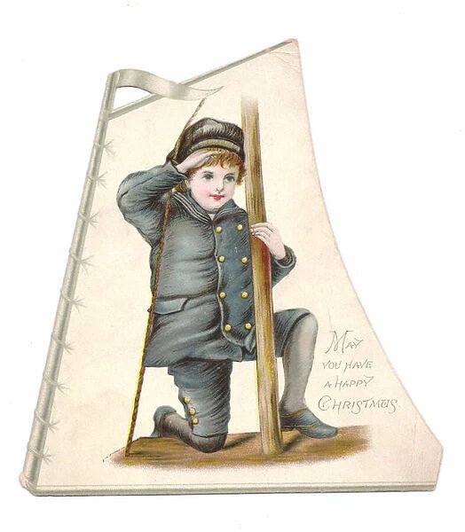 A Victorian Die-cut shape Christmas card of a boyin costume raising his hand in a salute