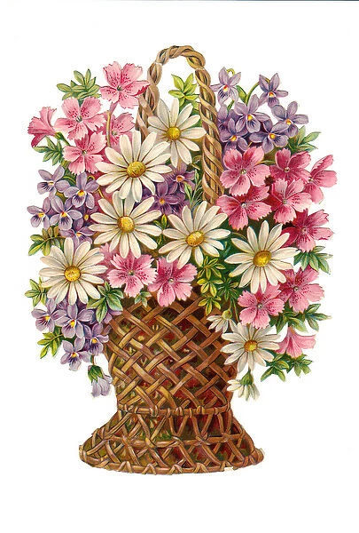 A Victorian Floral Paper Scrap Relief of daisy and violets in a wicker basket, c