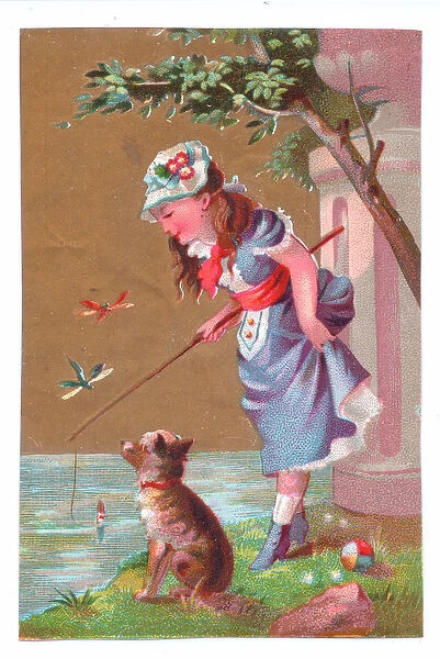 A Victorian greeting card of a girl fishing with a dog by her side, c. 1880 (colour litho)