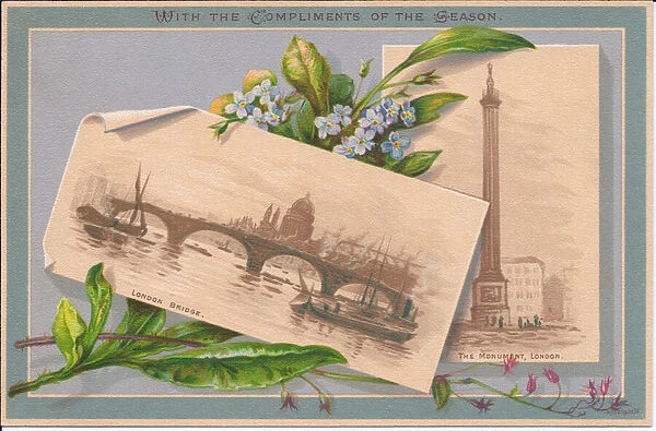 A Victorian greeting card of London Bridge and the Monument, London, c