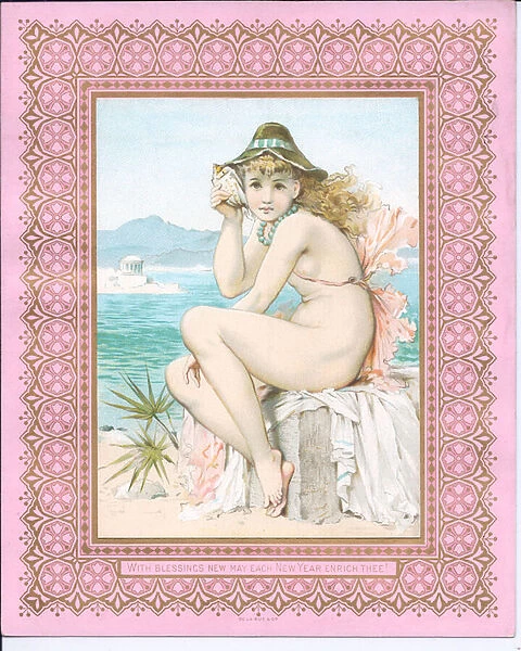 Victorian New Year card of a bathing beauty at a beach holding a shell to her ear, c