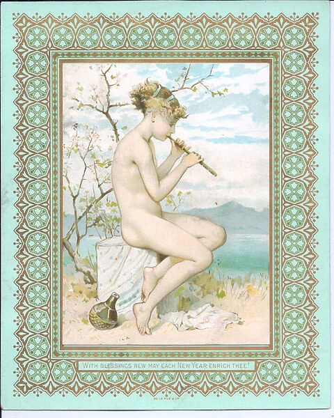 Victorian New Year card of a bathing beauty at a beach playing a flute, c