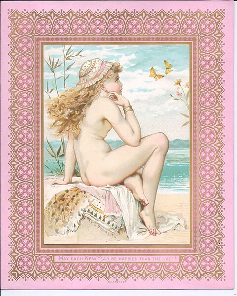 Victorian New Year card of a bathing beauty at a beach, c. 1881 (colour litho)