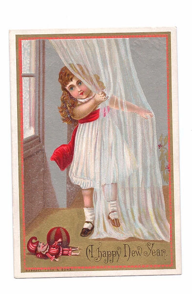 A Victorian New Year card of a child lifting a net curtail to look at a jester