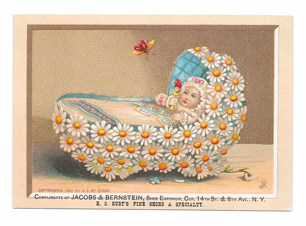 A Victorian trade advertising card of a baby in a crib decorated with daisies holding a
