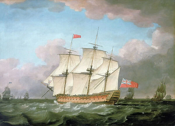 The 'Victory' leaving the English Channel in 1793, bearing the flag of the Vice Admiral des Rouges, commemorating the victories in the Mediterranean (siege of Toulon and invasion of Corsica, France)