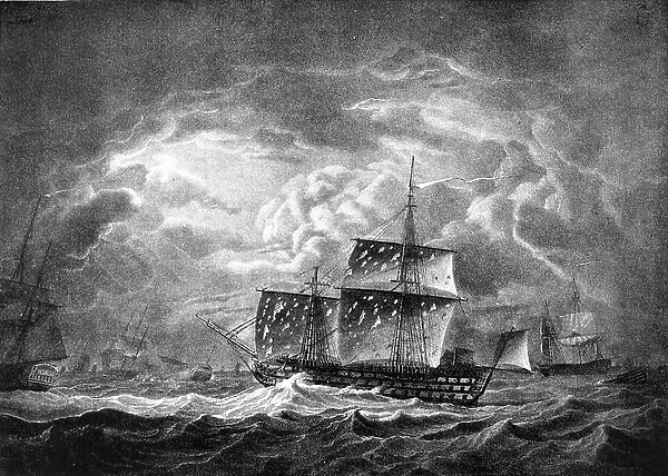 The victory of Trafalgar, the storm that followed the battle of October 21, 1805, in the boat, the body of Admiral Nelson. Etching, 19th century, by Robert Dodd (1748-1815)