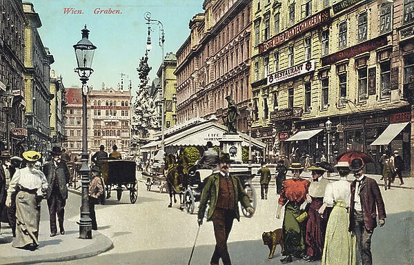 Vienna, Graben -famous street in city centre with people strolling (postcard)