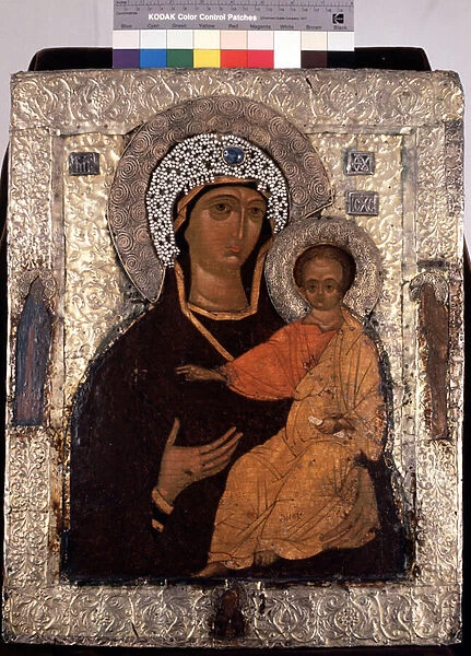 'Vierge Hodegetria (Hodigitria) 'Icone russe. Peinture sur bois du 14eme siecle. State Open-air Museum of the Trinity Lavra of St. Sergius, Sergyev Possad