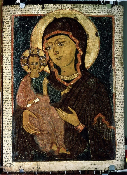 'Vierge Hodegetria (Hodigitria)'La Vierge Marie et l enfant Jesus dont l aureole est marque d une croix. icone russe. Peinture sur bois de la fin du 13eme siecle. State Tretyakov Gallery, Moscou