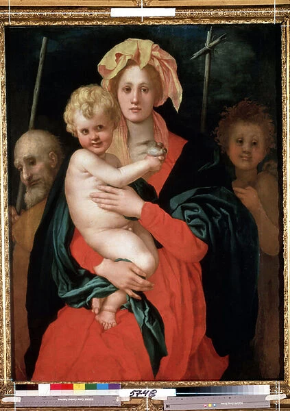 Vierge a l enfant avec Saint Joseph et Saint Jean Baptiste (Madonna and Child with Saint Joseph and John the Baptist). Le Christ tient un oiseau dans la main. Peinture de Jacopo (Iacopo) Carrucci dit il Pontormo (Pontorme) (1494-1557), vers 1520