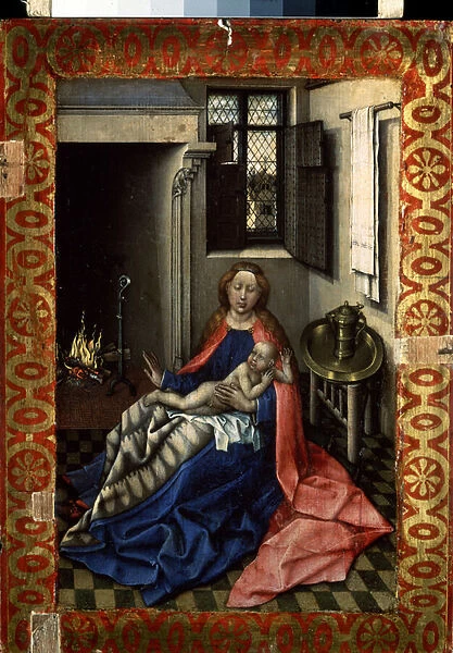 'Vierge a l enfant pres d une cheminee'(The Virgin and the Child by a Fireplace) Volet droit d un dyptique. Peinture sur bois de Robert Campin dit le Maitre de Flemalle (1375-1444) 1430 environ Dim. 34. 3x24