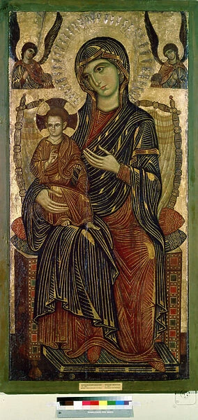 'Vierge a l enfant sur le trone'(Virgin and Child enthroned) L aureole de Jesus Christ est marquee d une croix. Peinture anonyme d un artiste de Pise. Tempera sur bois. 1280 environ Musee Pouchkine, Moscou
