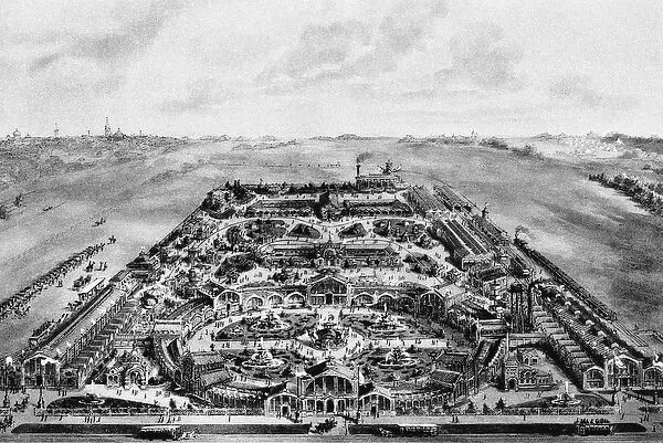 View of the 1882 All-Russian Exposition, Khodynka, Moscow, Russia (litho)