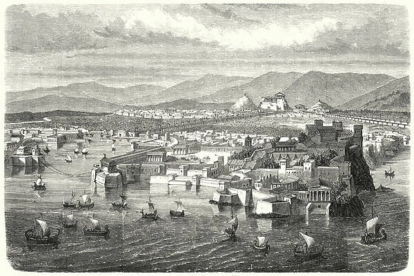 View of ancient Athens from Piraeus (engraving)