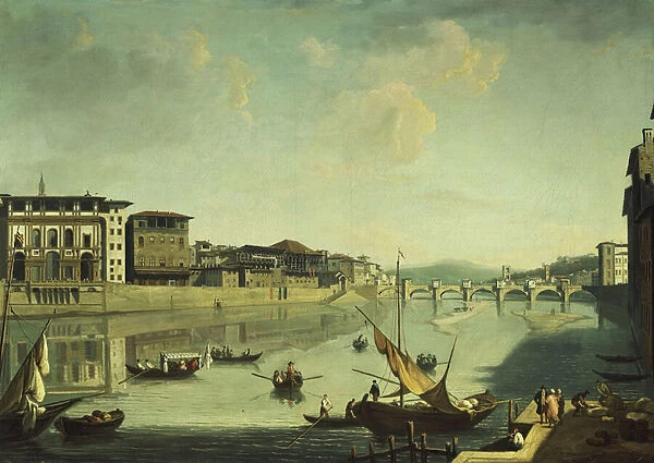 A View of the Arno with the Ponte alle Gracie, Florence, (oil on canvas)