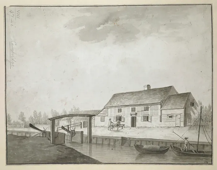Framed Print : A view of Baits Bite lock on the River Cam, Cambridge; a figure on a boat on the water; a figure operating the lock; two figures in front of the lock house