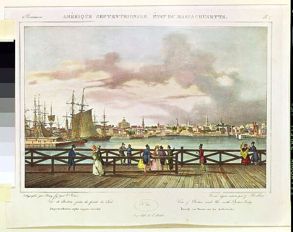 View of Boston and the South Boston Bridge (colour litho) c. 1829