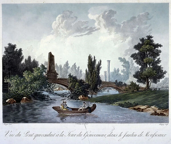 View of the bridge leading to the Governor's Tower in the Jardin de Monseaux, 1805 (aquatint)