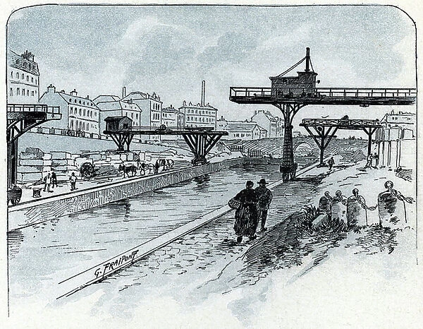 View of the canal Saint Martin, Paris (Canal Saint-Martin, paris) Drawing by Gustave Fraipont (1849-1923) from Saint-Juirs, 1890 Private collection